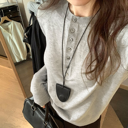 Elegant Slimming Button Design Long Sleeve T-Shirt for Women Early Spring Slim Fit Casual Base Layer Top