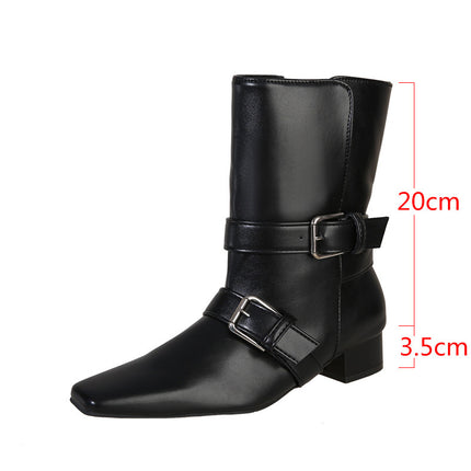Square Toe Belt Buckle Thick Heel Two-Wear Boots for Women 2024 Autumn and Winter New Retro Style Cowhide Leather Comfortable Thick Heel Fashion Boots