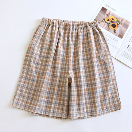 Couples Shorts Pure Cotton Washed Cotton Women's Home Shorts Loose Summer Thin Men's Plaid Beach Pants