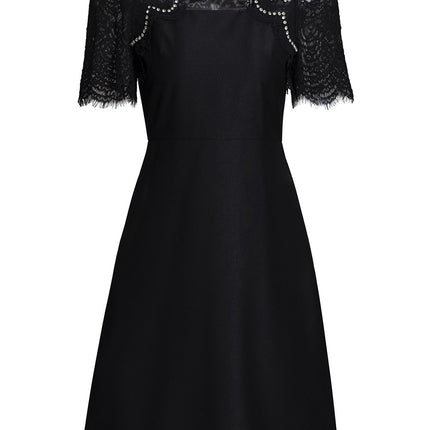 Zhili noble and elegant temperament dress heavy industry nail drill lace stitching short sleeve high waist A- line skirt summer women