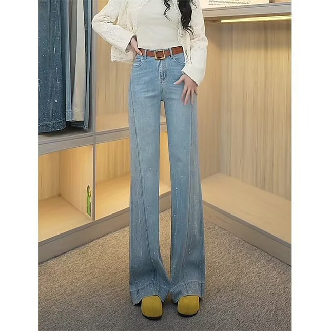 Plus Size Retro Rhinestone Stretch Jeans for Women Spring Summer High Waist Slimming Non-Stick Leg Bootcut Flared Pants