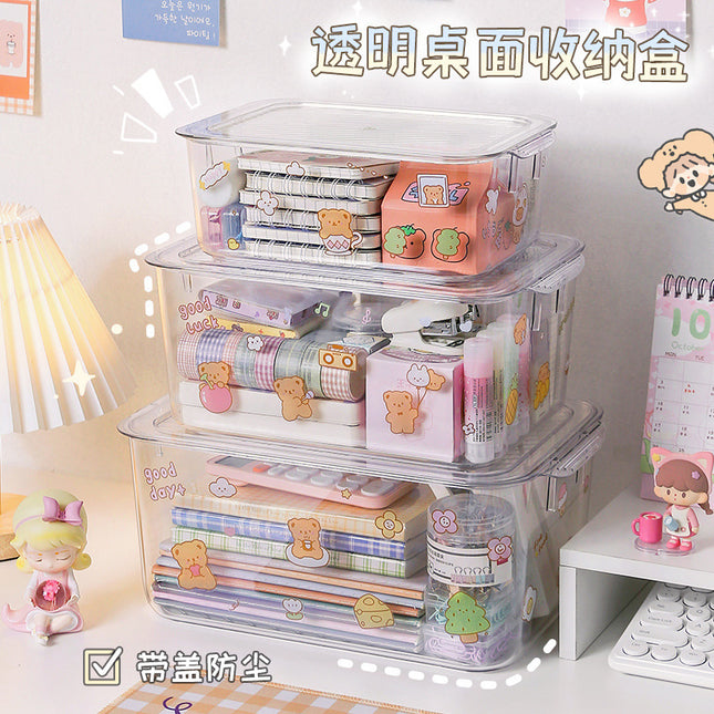 Transparent Desktop Storage Box with Lid Simple Dormitory Student Stationery Cosmetics Storage Organize Storage Box