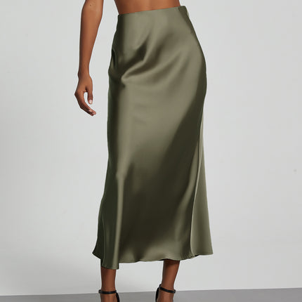 In-Stock Cross-Border Women's Clothing Wholesale European and American Style Elegant Satin Midi Skirt Slimming and Flowy