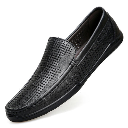 2025 Summer Large Size Men's Hollow Beanie Shoes Plaid Slip-On Soft Leather Driving Loafers Small Leather Shoes
