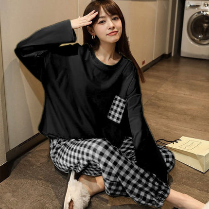 Factory wholesale live fashion spring and autumn cotton pajamas women's cute simple wind long sleeve trousers home clothes suit