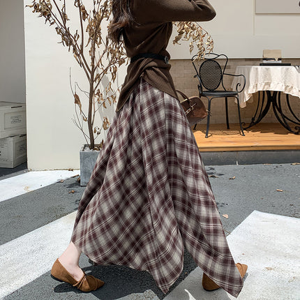 Retro Asymmetrical Plaid Brushed Skirt for Women Autumn and Winter 2025 New Design High-Waisted A-Line Long Skirt