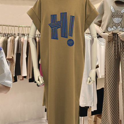 plus size Short-sleeved Cotton Mid-length Dress Women's 2025 Summer New All-match Loose Long Dress Flying Sleeve Split dress