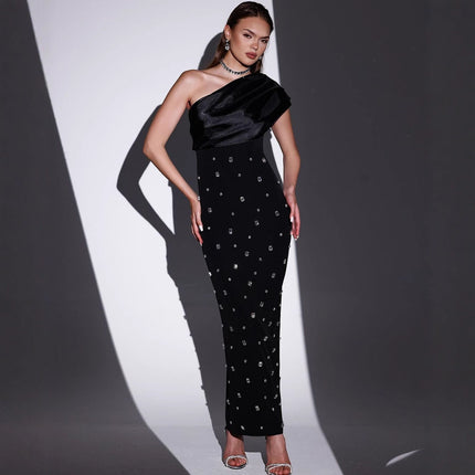 Cross-Border European and American 2025 Spring New Sexy Slanted Shoulder Hot Diamond Gauze Bandage Skirt Celebrity Dinner Dress Dress
