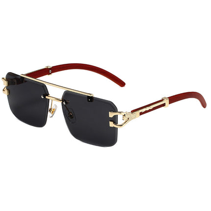European and American Retro Leopard Frameless Cut Edge Sunglasses Women's Fashion Box Wood Grain Sunglasses Men's Trendy Cross-border Wholesale