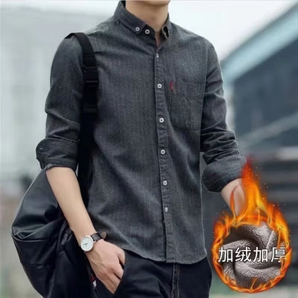 Shirt Men's Long-sleeved fleece-lined Thickened Korean Style Slim-fit Striped Scrub Men's Shirt Autumn Casual Trendy Coat