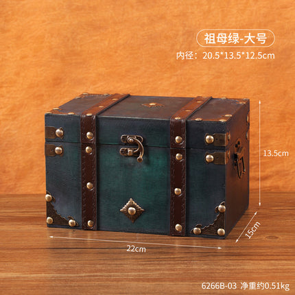 European Retro Wooden Storage Box with Lock Chinese Antique Emerald Square Jewelry Box Photography Props Treasure Box