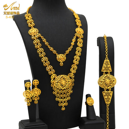 Gold-Plated Pendant Jewelry Set Bridal Wedding Jewelry Sand Gold Long Necklace Bracelet Ring Earrings Cross-Border Best-Selling Model