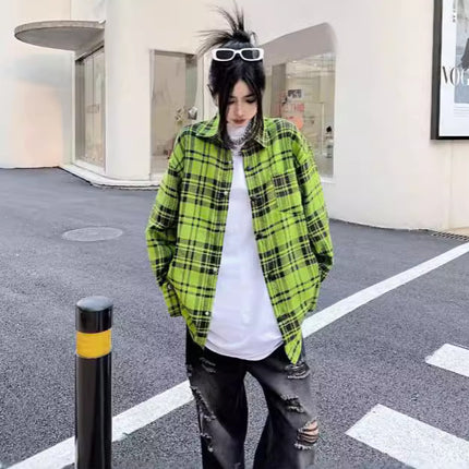 Retro Long Sleeve Plaid Shirt Women's Shirt Design Sense Niche Spirit Young Guy Chic Beautiful Green Jacket Trendy