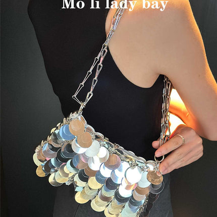 2025 New Silver Shiny Bag Hand-Woven Sequin Bag Mobile Phone Bag Long Shoulder Strap Single Shoulder Crossbody Bag for Women