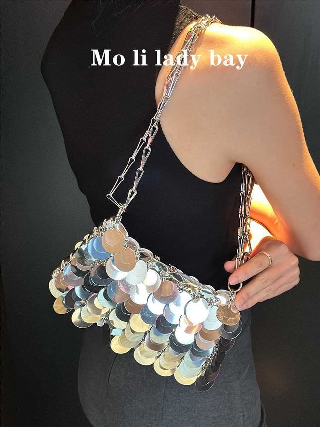 2025 New Silver Shiny Bag Hand-Woven Sequin Bag Mobile Phone Bag Long Shoulder Strap Single Shoulder Crossbody Bag for Women