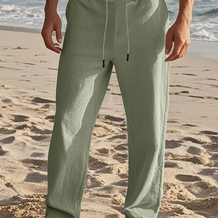 Men's Casual Linen Drawstring Pants Olive Green Loose Cross-Border