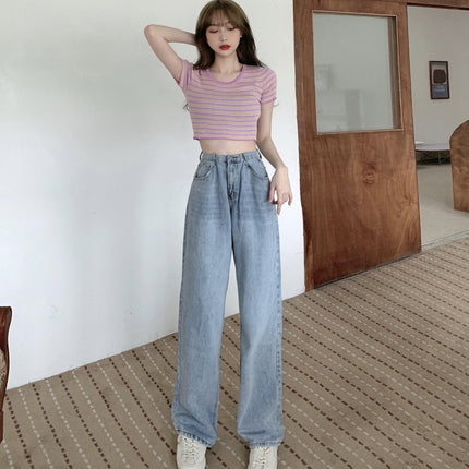 2024 summer light-colored high waist jeans women's slimming high-leg straight pants elegant style draping mop pants