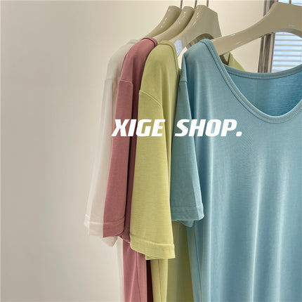 V Neck Cool Cupro T-Shirt for Women in Summer, Simple and Versatile Draped, Slim Goose Egg Collar, Pure Color Short-Sleeved Top T-Shirt