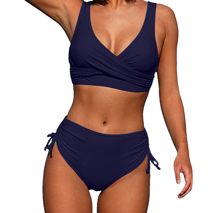 Swimsuit Split Bikini Pure Color Cross Strap Amazon Popular High Waist Swimsuit European and American Export Sexy Biki