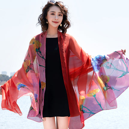 Seaside Sunscreen Silk Scarf Imitation Silk Scarf Spring and Summer Joker High-grade Printed Beach Scarf Silk Scarf Shawl Wholesale