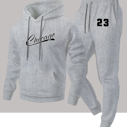 Cross-Border Autumn and Winter Men's Fashion Casual Two-Piece Set, Chicago Heat-Printed Hooded Sweatshirt and Sweatpants Set