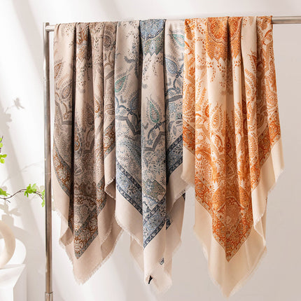 New Style Women's Silk Wool Scarf, Retro Printed Square Scarf, Sun Protection and Warm Neck Scarf, Dual-Use Decorative Scarf