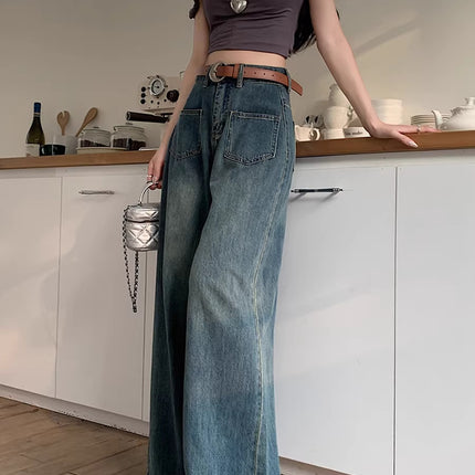 Pear-Shaped Figure Wide-Leg Jeans for Women, Autumn Plus-Size Retro High-Waisted Loose Slimming Straight Pants