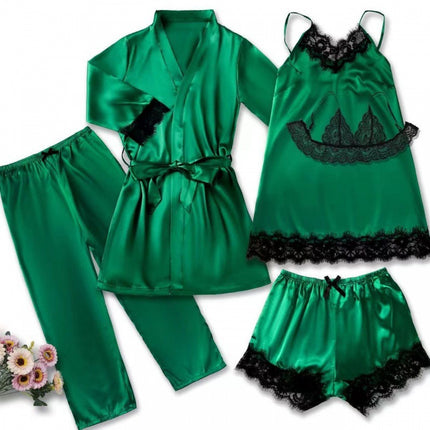2024 New Sexy Pajamas Women's Spring and Summer Five-Piece Silk Black Lace Slip Skirt Long-Sleeved Nightgown Home Clothes