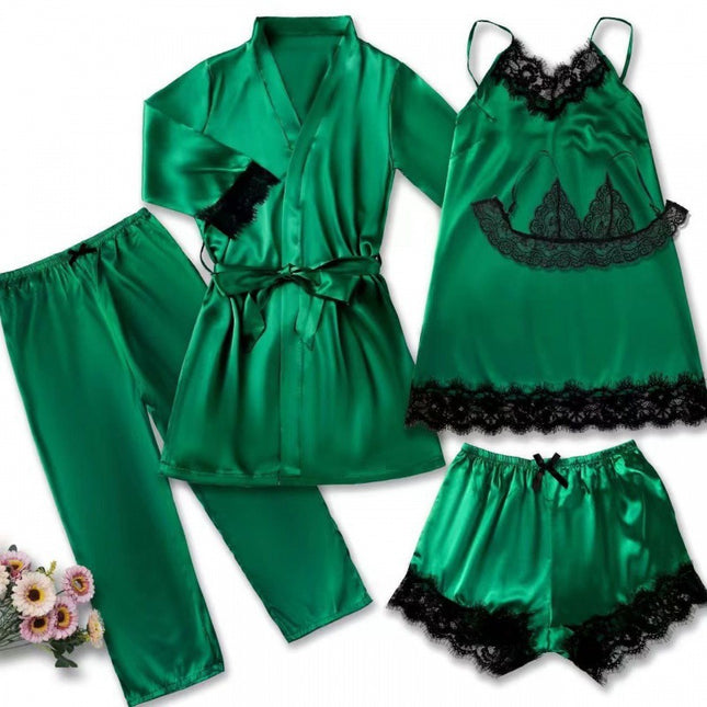 2024 New Sexy Pajamas Women's Spring and Summer Five-Piece Silk Black Lace Slip Skirt Long-Sleeved Nightgown Home Clothes