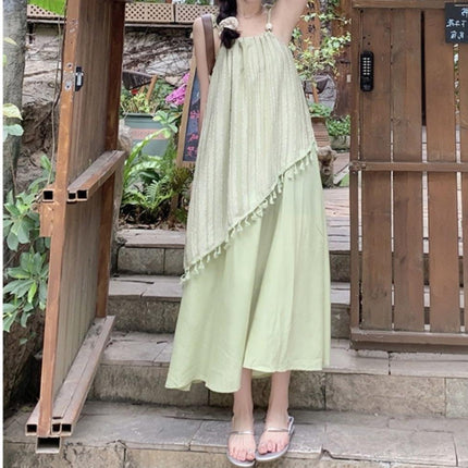 Seaside Resort Style Suspender Dress for Women Summer Small Fresh Green Tassel Splicing Fake Two-piece Elegant Long Skirt