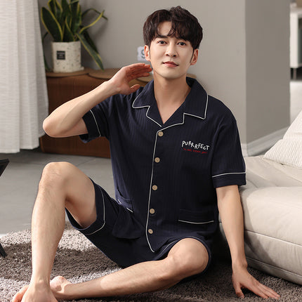New Cotton Pajamas Men's Summer Short-sleeved Shorts Cardigan Lapel Home Clothes Summer Plus Size Loose Set