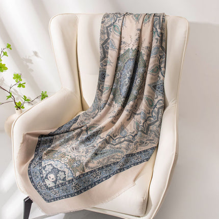 New Style Women's Silk Wool Scarf, Retro Printed Square Scarf, Sun Protection and Warm Neck Scarf, Dual-Use Decorative Scarf