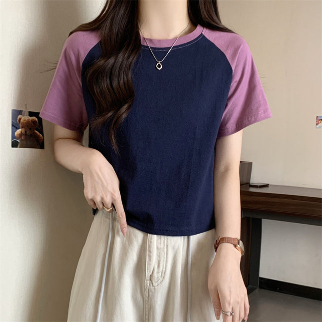 Summer Niche Design Color-Blocking Spicy Girl Short Top for Women, Korean Style High-Waisted Crop Top, Slimming Short-Sleeve T-Shirt