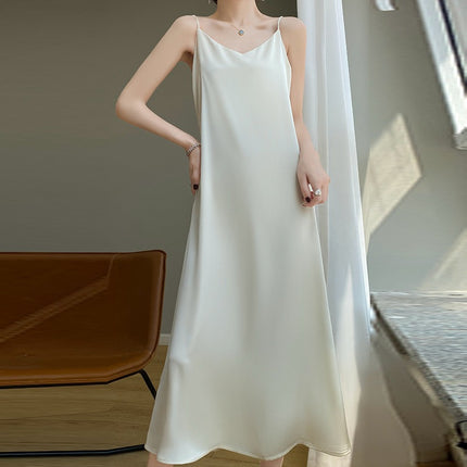 Simulated Silk Satin Suspender Dress for Women in Spring and Summer with Suit Acetate French Mid-length Design Niche Trend