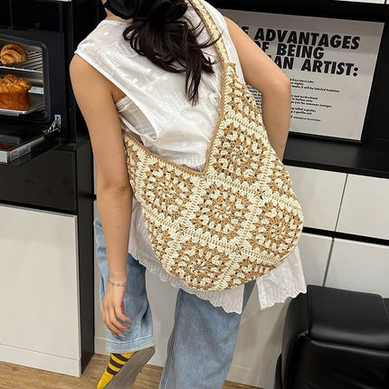 New Single-Shoulder Cotton Hand-Woven Bag Ins Straw Woven Bag Large Capacity Tote Bag Vacation Beach Bag Women's Bag