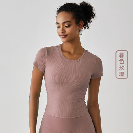 Outdoor Yoga Clothing Women's Spring and Summer Yoga Short-sleeved Running Fitness Clothing Rib Naked Pleated Slim-fit Sports T-shirt