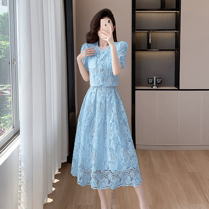 Cross-border new high-level socialite xiaoxiang style nail beads water-soluble lace short top high waist large swing skirt suit