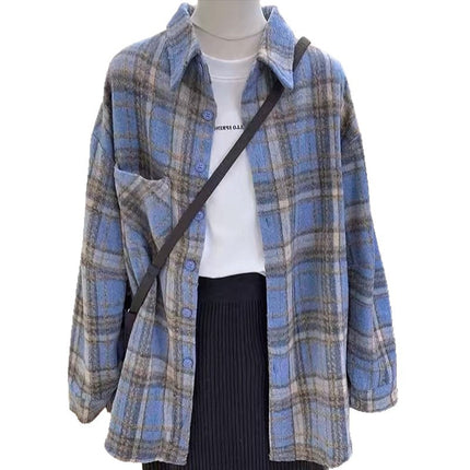 New Spring and Autumn Korean Style Lazy Brushed Wool Plaid Shirt Women's Versatile Trendy Loose Casual Mid-Length Jacket