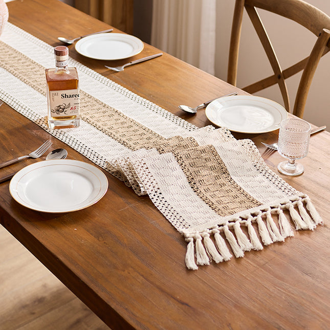 Cross-Border American New Table Flag Cotton and Linen Color Matching Knotted Hollow Tassel Table Decoration Dining Table Coffee Table Shoe Cabinet Table Towel
