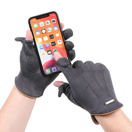 Warm Gloves for Autumn and Winter, Men's and Women's Models, Soft, Windproof, Cold-Proof, Non-Slip, Fingerless, Suede Full-Finger Cycling Gloves