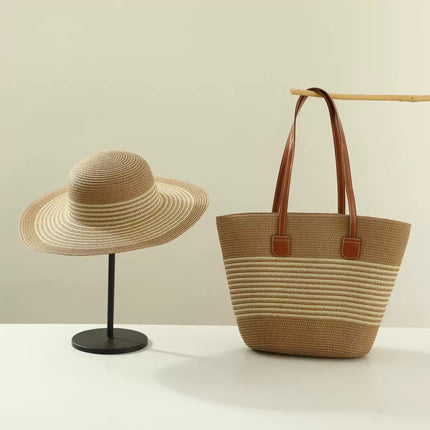 New French-Style Straw Woven Fine Striped Beach Vacation Handbag and Sunshade Wide-Brimmed Hat Set for Spring, Summer, and Autumn