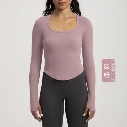 Autumn and Winter New Yoga Clothing Women's One-piece Cup with Chest Pad Naked Sense Slim-fit Slimming T-shirt Sports Fitness Long-sleeved Top