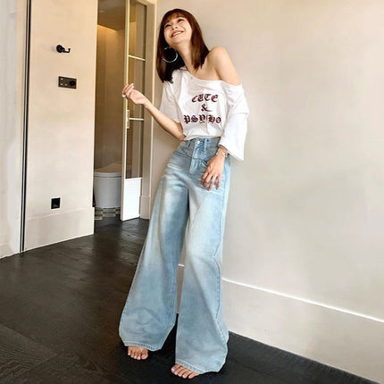 2025 Spring New Loose Denim Long Pants for Women Washed Design Straight Wide-Leg Floor-Length Pants
