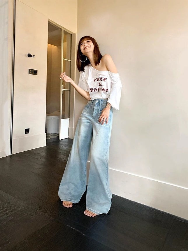 2025 Spring New Loose Denim Long Pants for Women Washed Design Straight Wide-Leg Floor-Length Pants