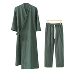 Dark green (cotton and linen half-breasted bathrobe + pants) / M