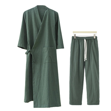 Spring and Summer Linen Cotton and Linen Chinese-Style Side-Breasted Bathrobe Bathrobe Home Wear Set Mid-Length Nightgown Bathing Spa Hotel