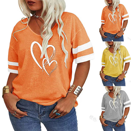 Europe and the United States cross-border 2025 spring and summer TEMU foreign trade women's V-neck loose cross love printing color matching short sleeve T-shirt women