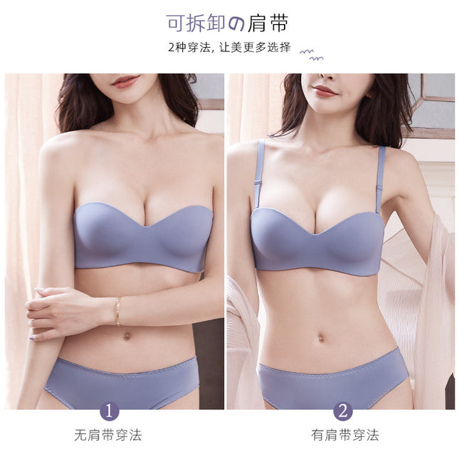 Shoulder-free Wear Underwear Women's Small Chest Push-up Non-slip Invisible Bra Paste Wedding Dress No Rings Tube-length Summer Hair