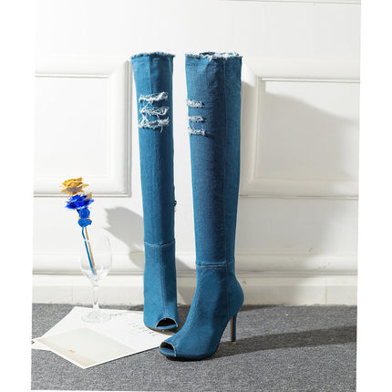 2024 Spring New Casual Fashion Korean Style Over-The-Knee Boots with the Same Elastic Round Toe High-Top Cowboy Boots for Women