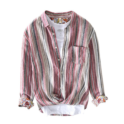757 Spring and Summer New Men's Casual Linen Stripesd Shirt Drop Shipping